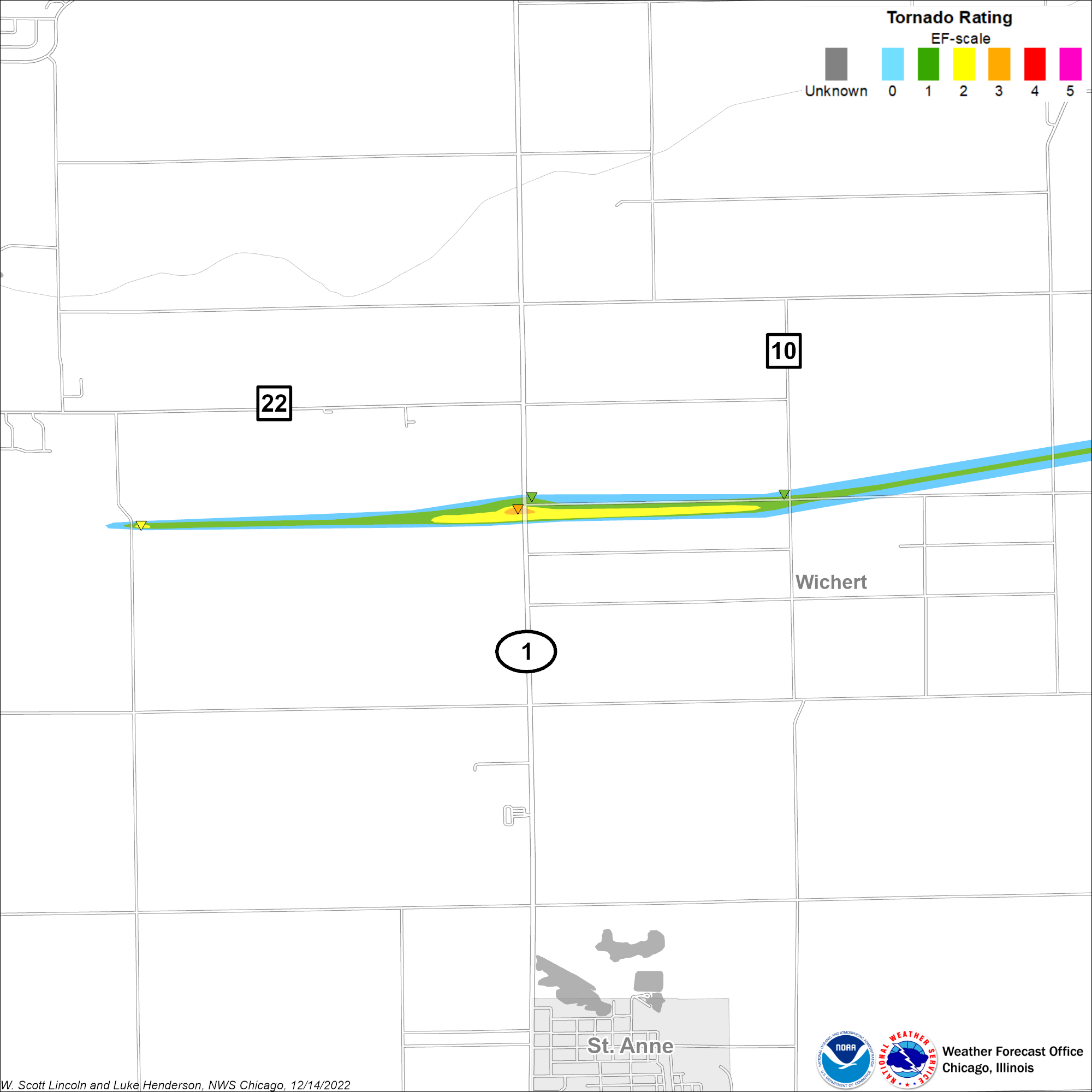 Map showing St Anne tornado track, zoomed in to area of most intense damage