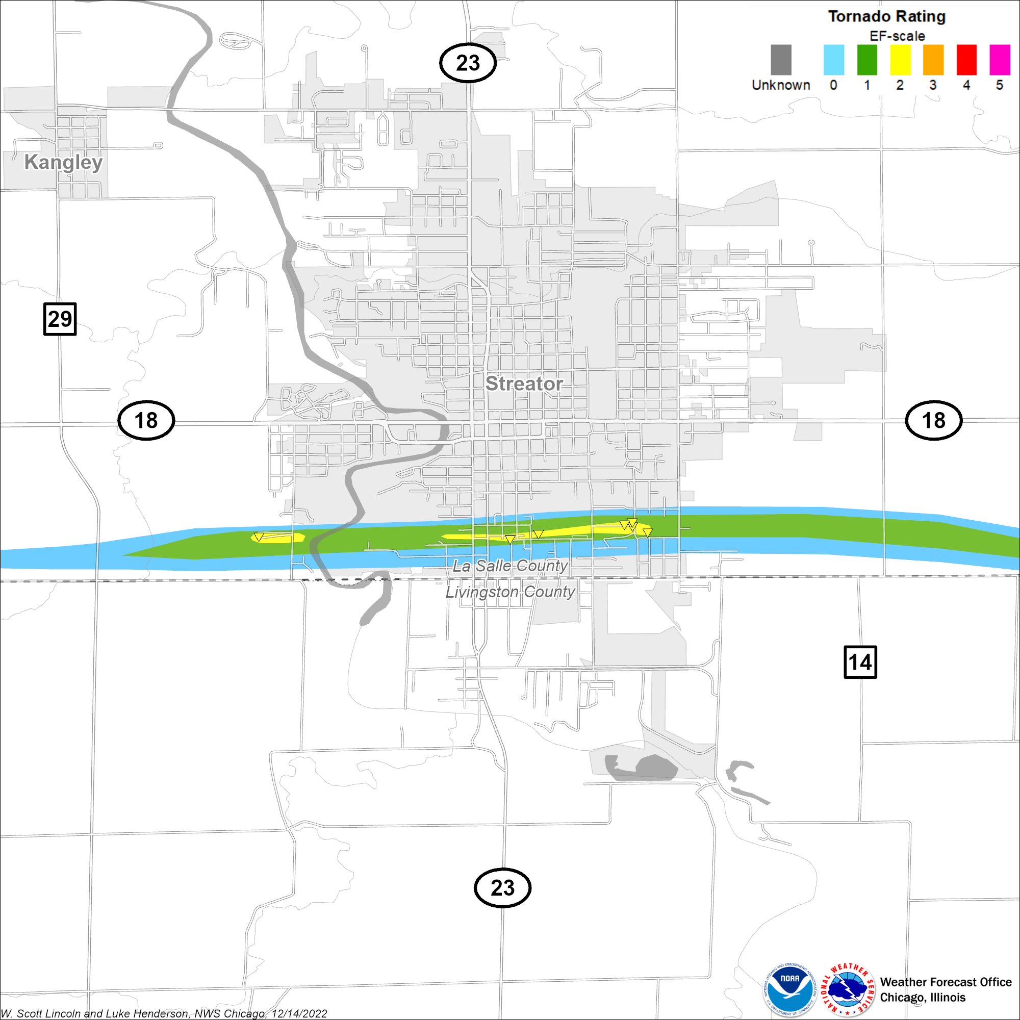 Map showing Streator tornado track, zoomed in to the Streator area