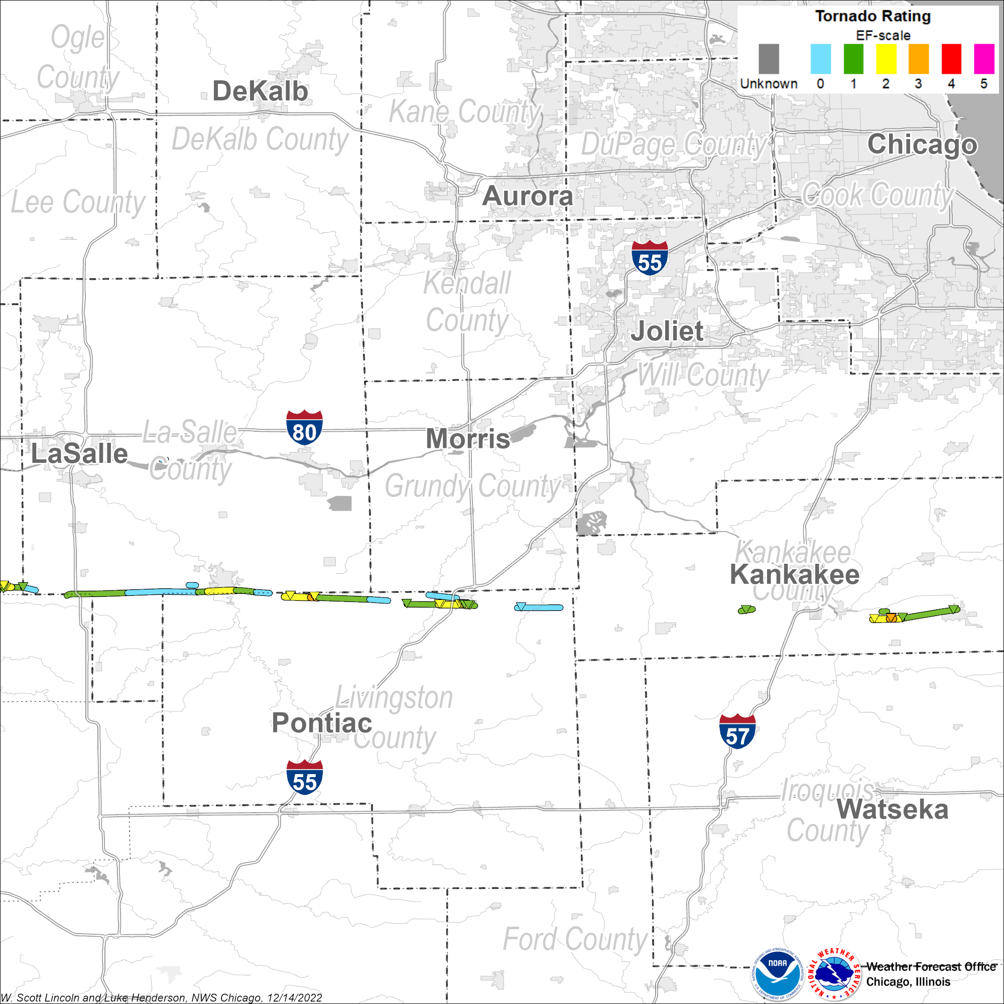 Map showing tornado tracks in northeast Illinois