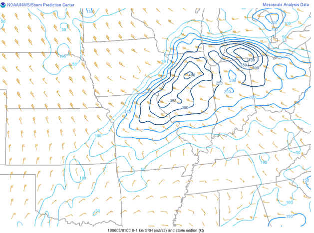 Map showing storm-relative helicity at 800 PM CDT