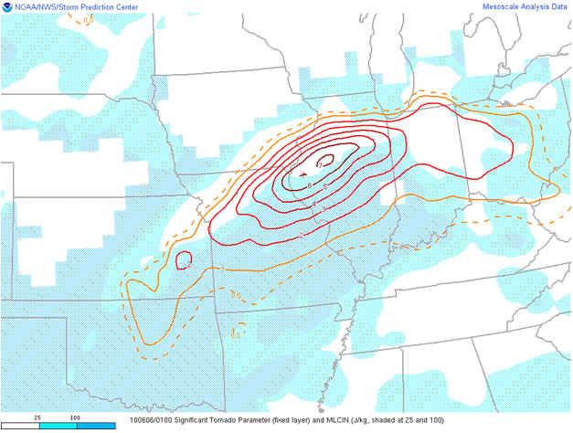 Map showing significant tornado parameter at 800 PM CDT