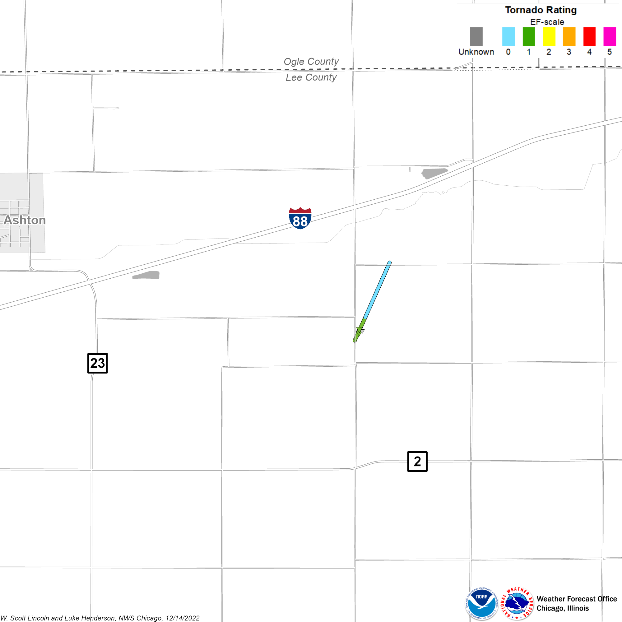 Map showing Ashton tornado track