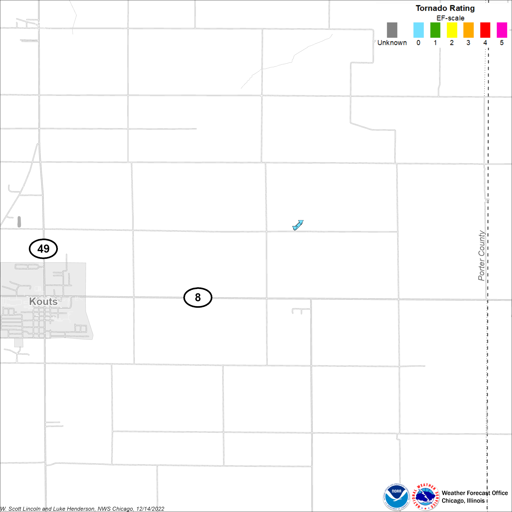 Map showing Kouts tornado track
