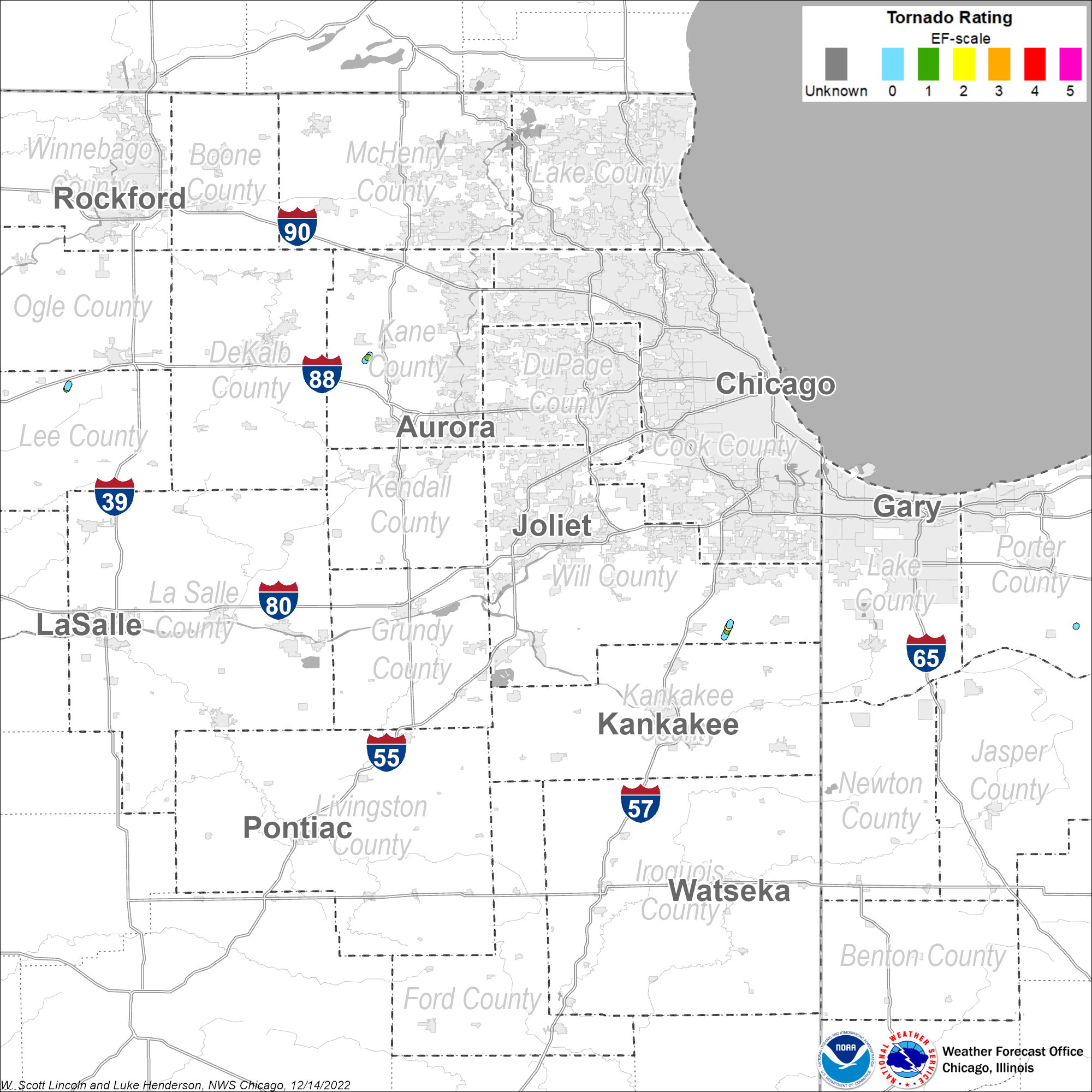 Map showing tornado tracks in northeast Illinois and northwest Indiana
