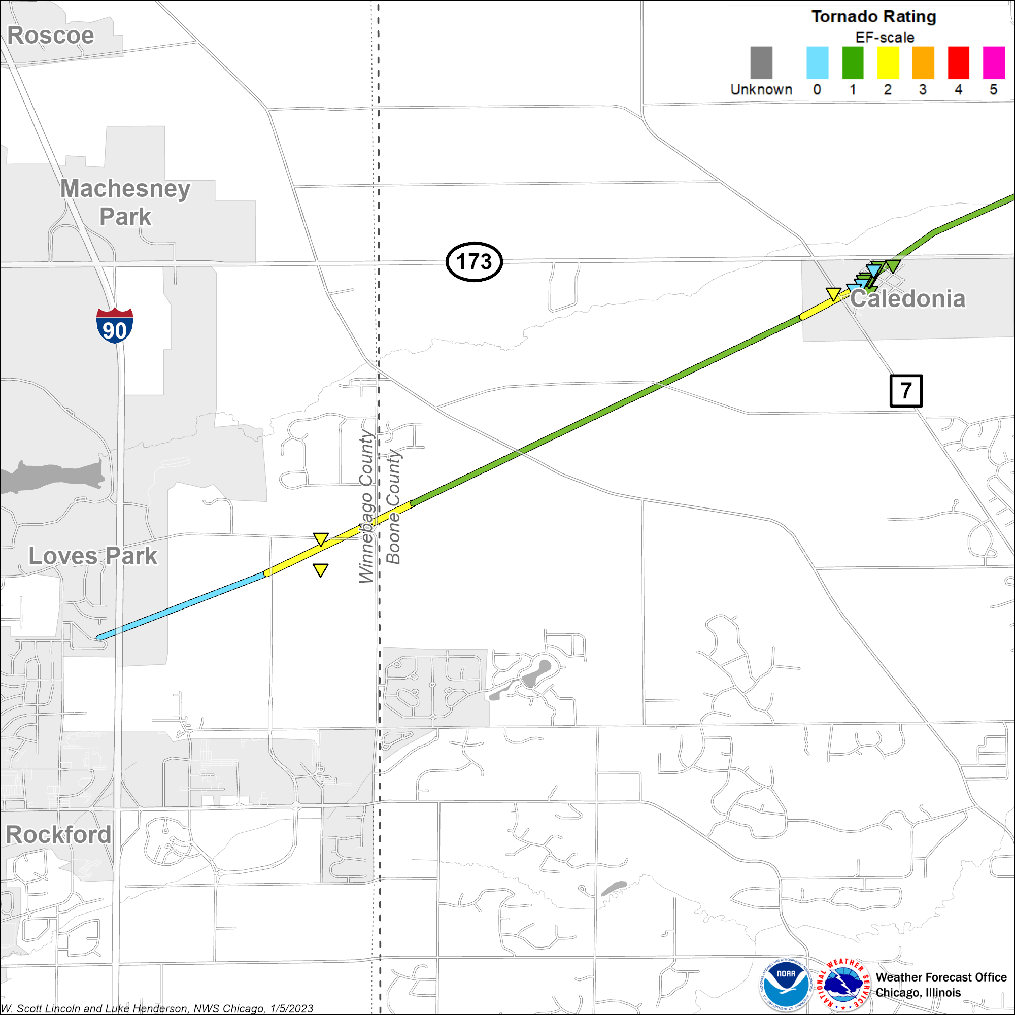Map showing Loves Park - Caledonia - Capron tornado track, zoomed in on area of most intense damage
