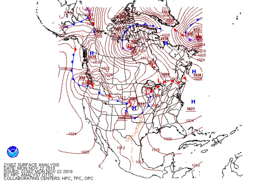 Map showing surface weather conditions for the afternoon of November 22
