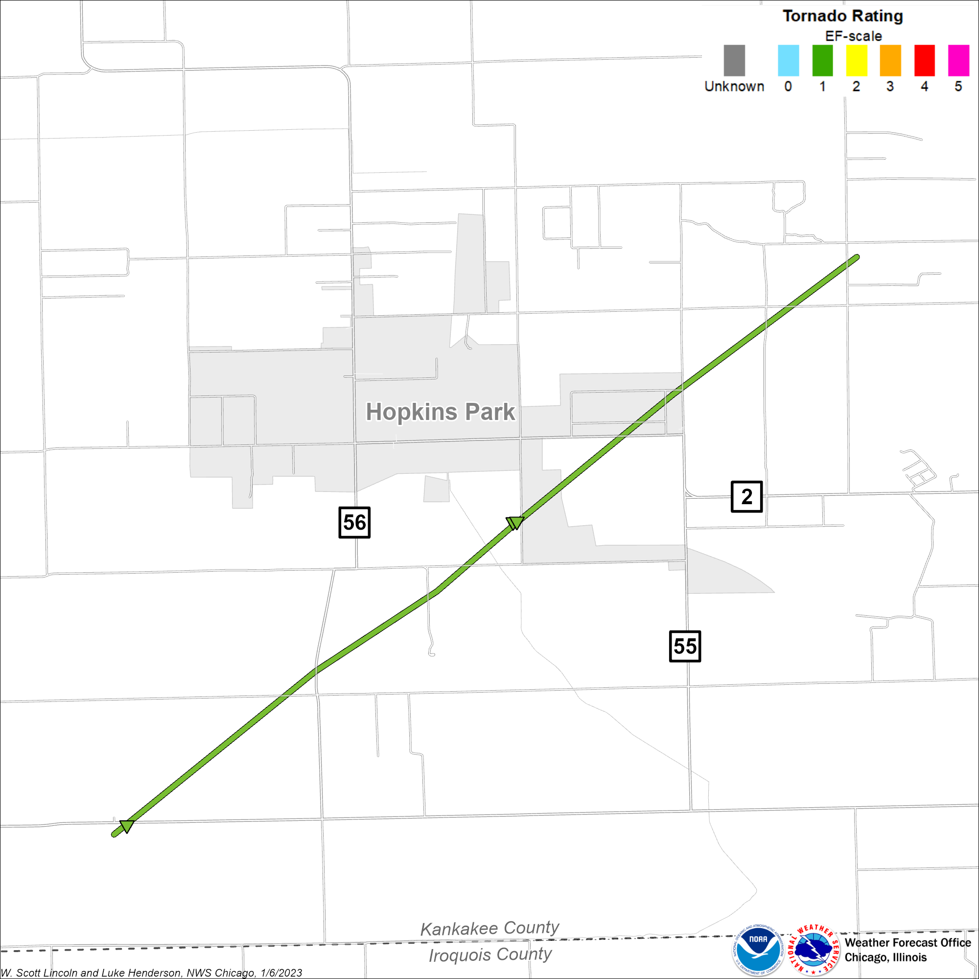 Map showing track Hopkins Park tornado