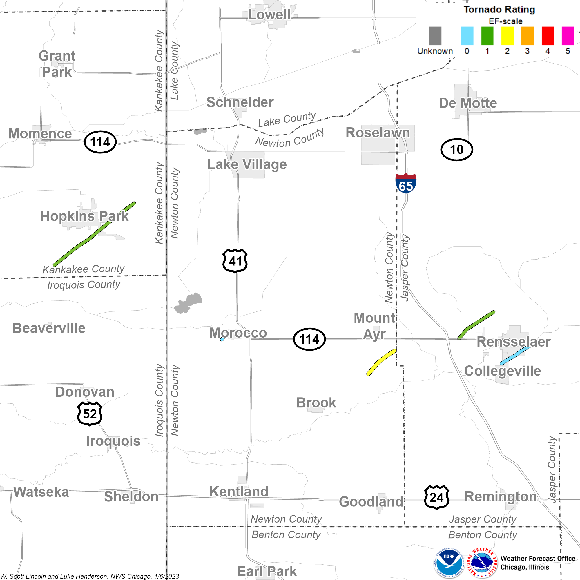 Map showing tornado tracks in northeast Illinois and northwest Indiana