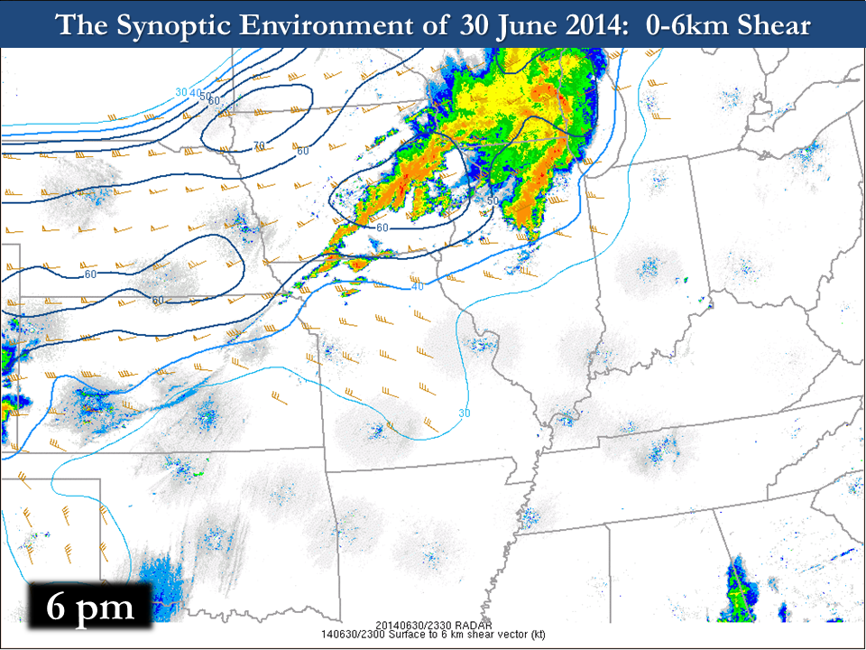 Map showing wind shear over the 0 km to 6 km layer at 6 PM on June 30, 2014. The image shows the highest wind shear over Iowa and far northwestern Illinois.