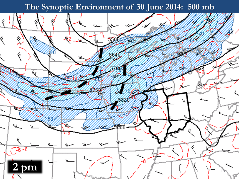 Map showing wind speeds at 500 mb at 2 PM on June 30, 2014. The image shows the highest wind speeds extending from Nebraska through Iowa and Minnesota up to Wisconsin, along with two shortwave troughs moving into the Great Lakes.