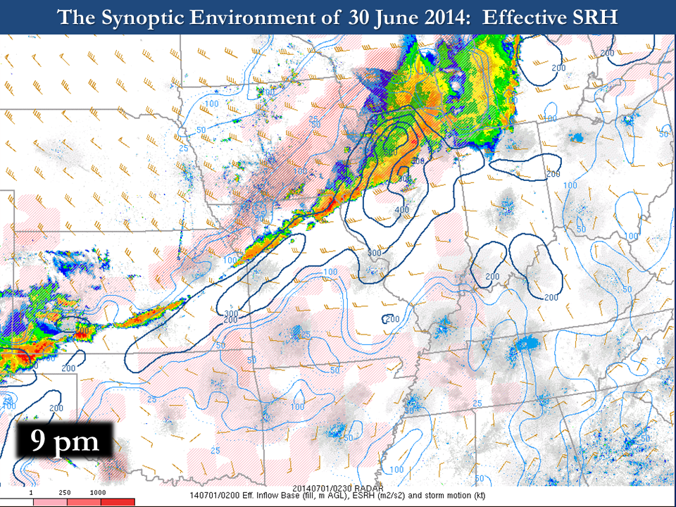 Map showing effective storm-relative helicity at 9 PM on June 30, 2014. The image shows the highest values near the line of thunderstorms in northern Illinois.