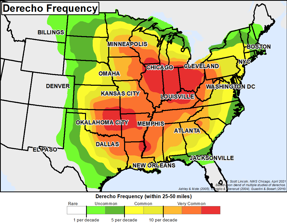 A map showing the approximate frequency of derechos in the eastern United States. Areas in the mid south, southern Great Plaines, and Midwest are depicted as very common areas for derechos. Close to the Rocky Mountains, the frequency of derechos is depicted as rare. In the far northeast and in Florida, derechos are also depicted as rare.