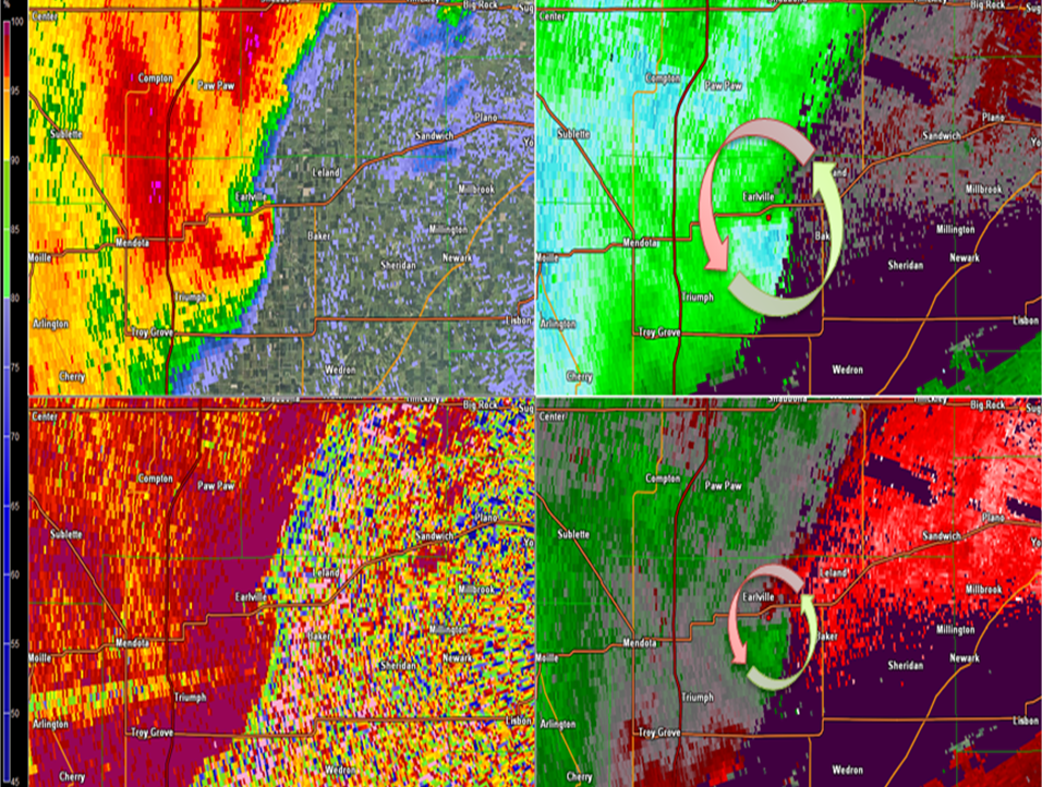 Radar imagery from June 30, 2014, at the time a tornado occurred near Earlville. Images show radar reflectivity, velocity, and correlation coefficient from the NWS Chicago NEXRAD.