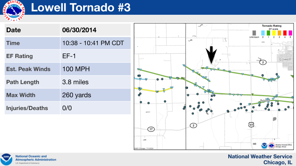 Map showing the track of a tornado which occurred near Lowell on June 30, 2014.