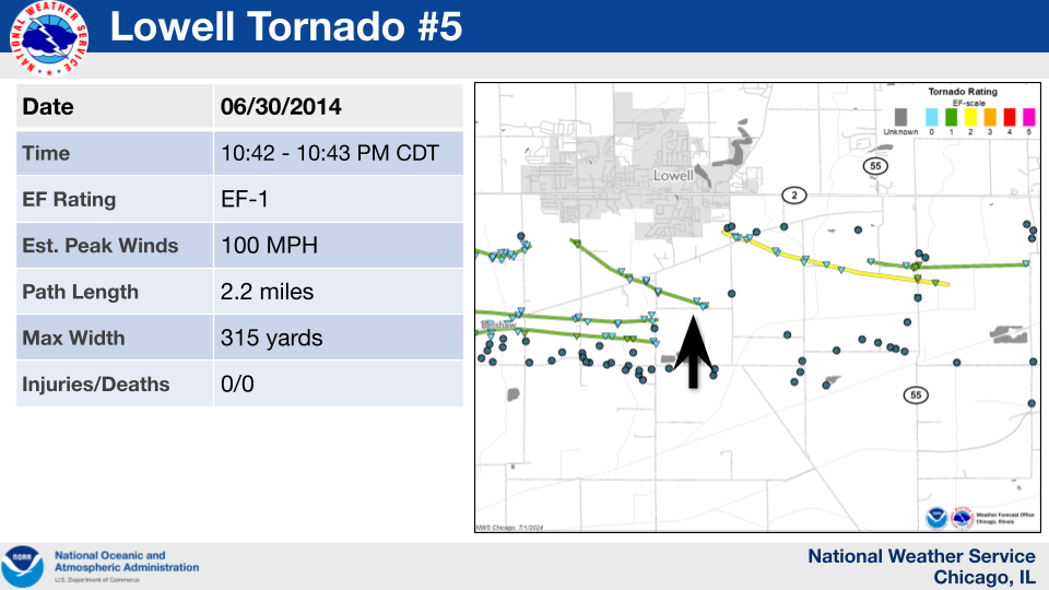 Map showing the track of a tornado which occurred near Lowell on June 30, 2014.