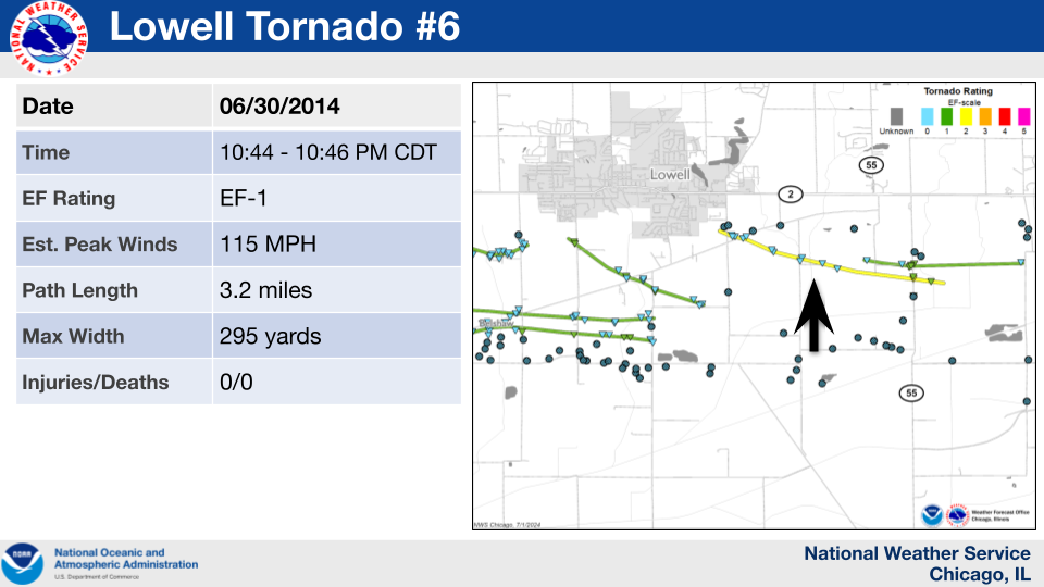 Map showing the track of a tornado which occurred near Lowell on June 30, 2014.