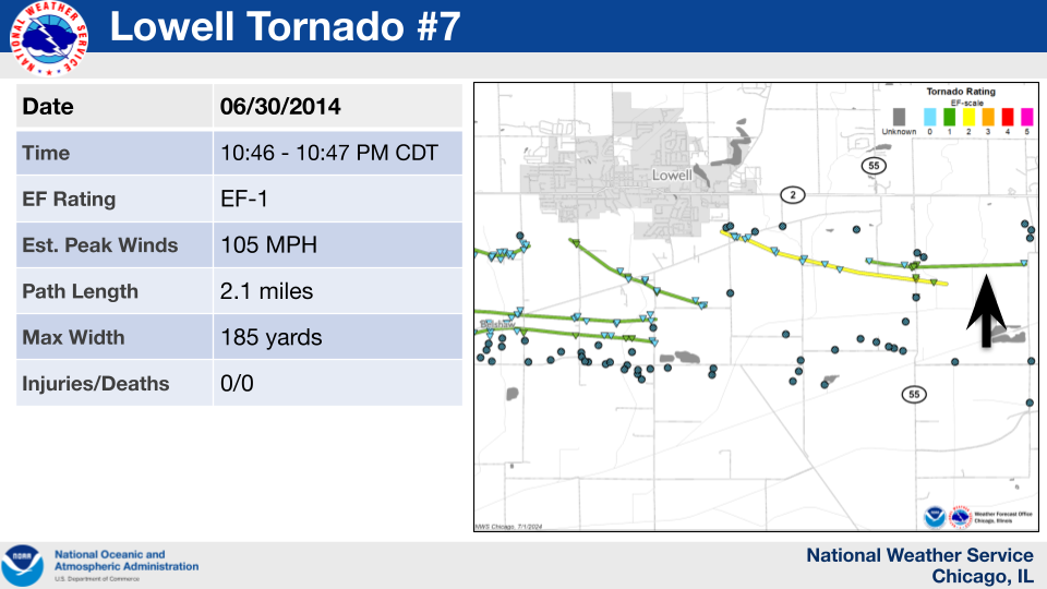 Map showing the track of a tornado which occurred near Lowell on June 30, 2014.