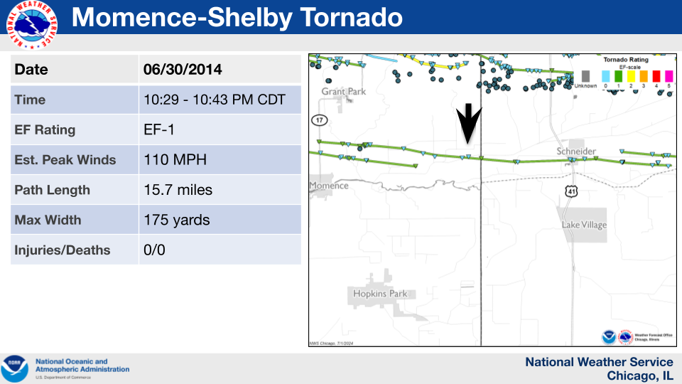 Map showing the track of a tornado which occurred near Momence and Schneider on June 30, 2014.