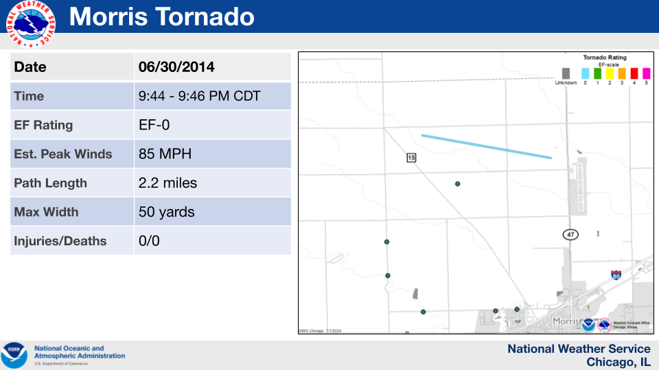 Map showing the track of a tornado which occurred near Morris on June 30, 2014.