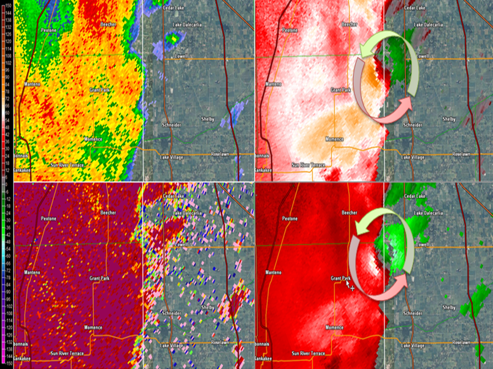 Radar imagery from June 30, 2014, at the time tornadoes were occurring near Grant Park. Images show radar reflectivity, velocity, and correlation coefficient from the NWS Chicago NEXRAD.