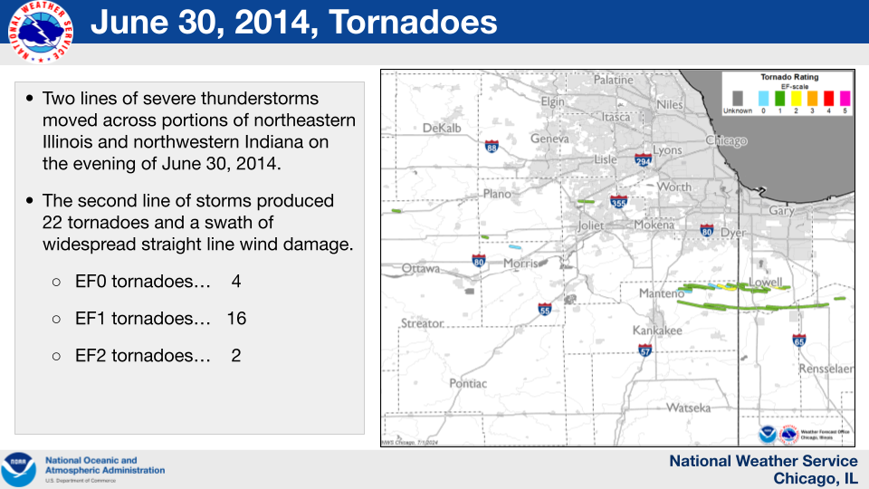 Map showing the location of tornadoes that occurred in northeastern Illinois and northwestern Indiana on June 30, 2014.