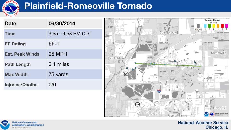 Map showing the track of a tornado which occurred near Plainfield and Romeoville on June 30, 2014.