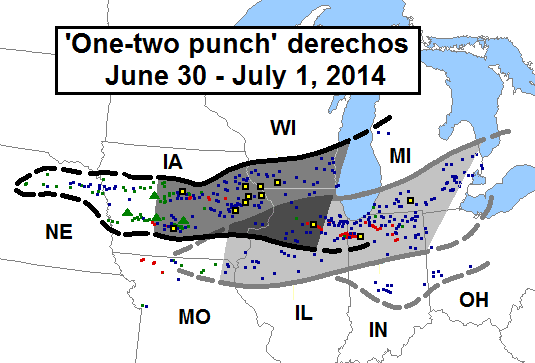 Map showing the general extent of the two derecho events that occurred on June 30, 2014. One shaded area extends from Nebraska through central Iowa into northern Illinois and southern Wisconsin. Another shaded area extends from near the Mississippi River across northern Illinois and northern Indiana.