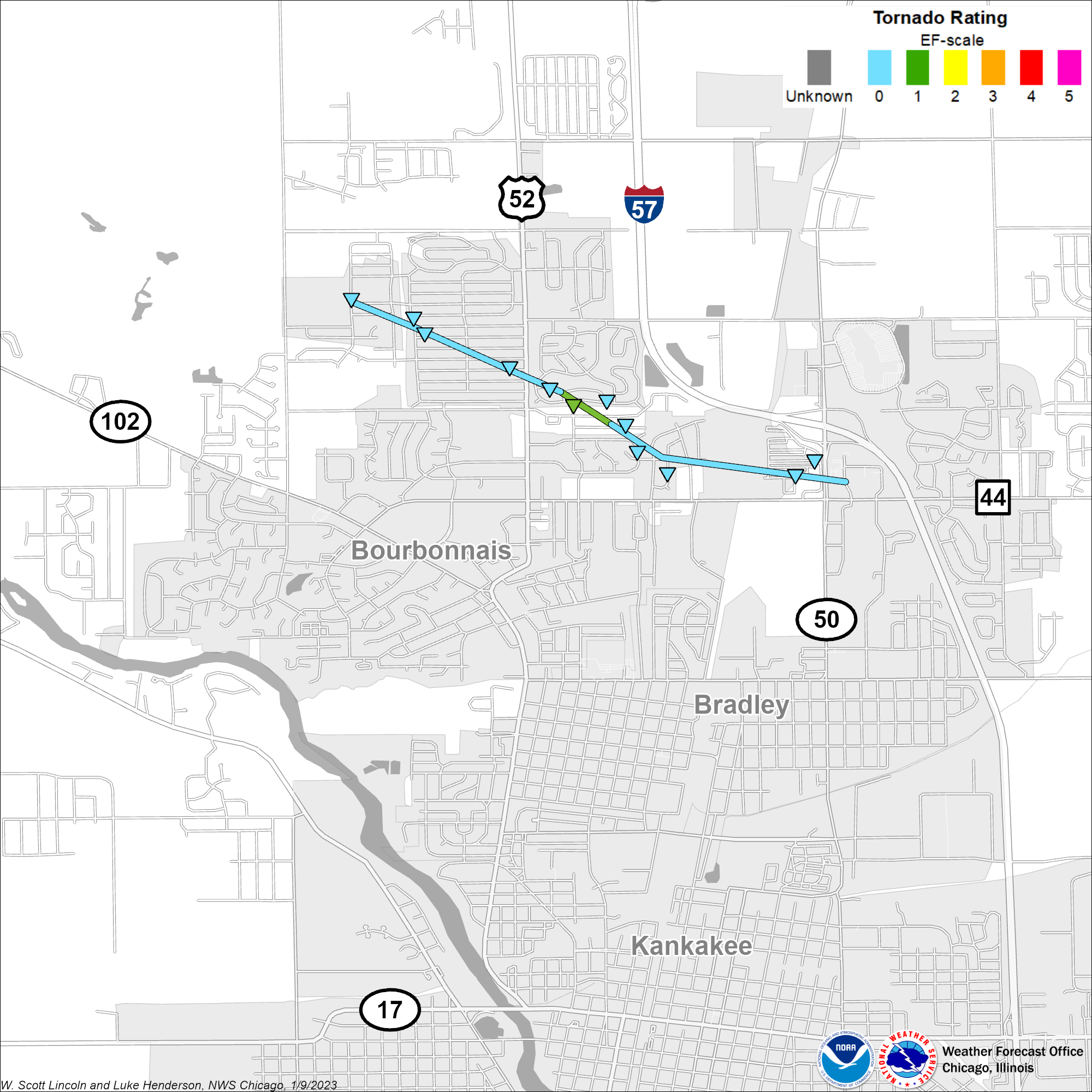 Map showing track of Bourbonnais tornado