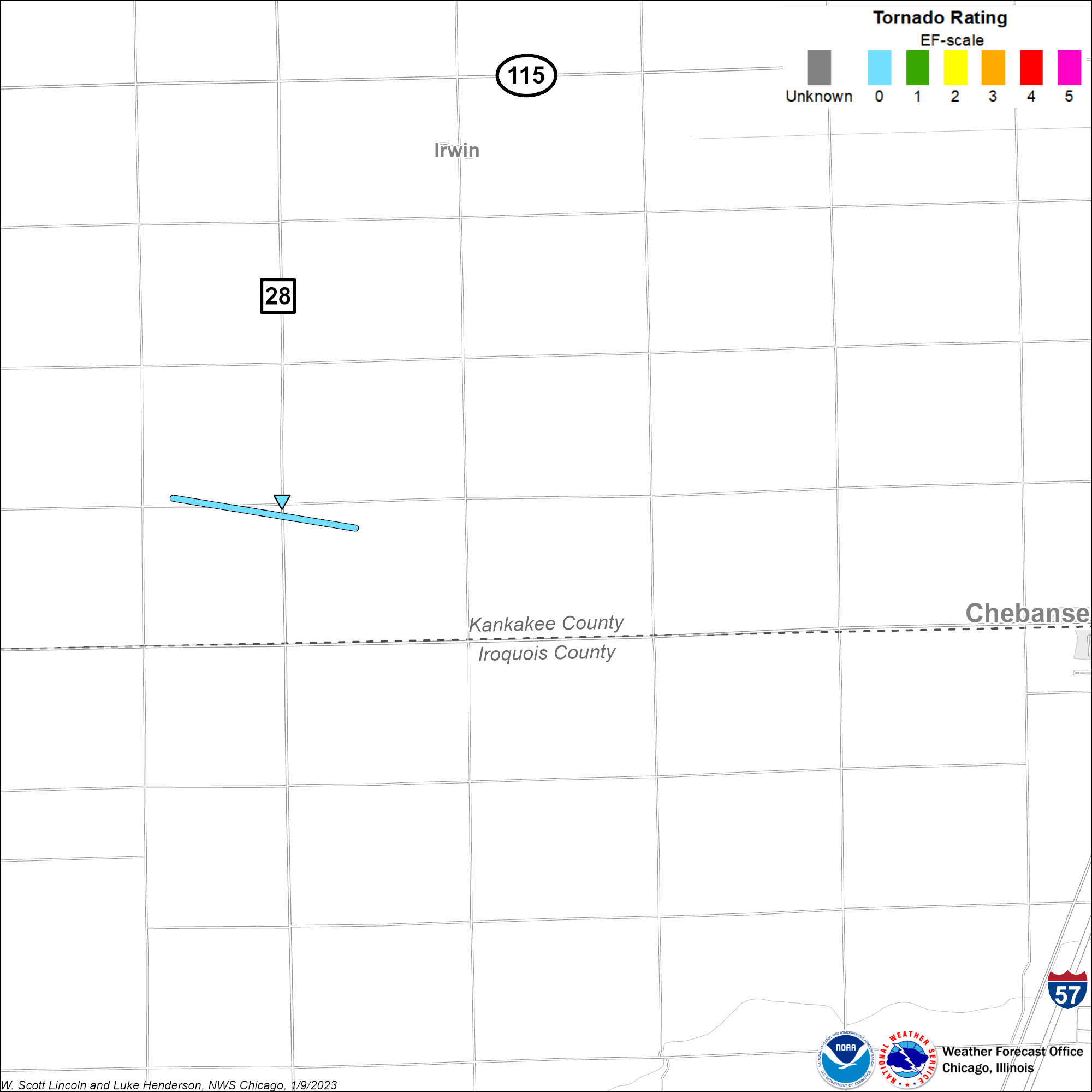 Map showing track of Chebanse tornado