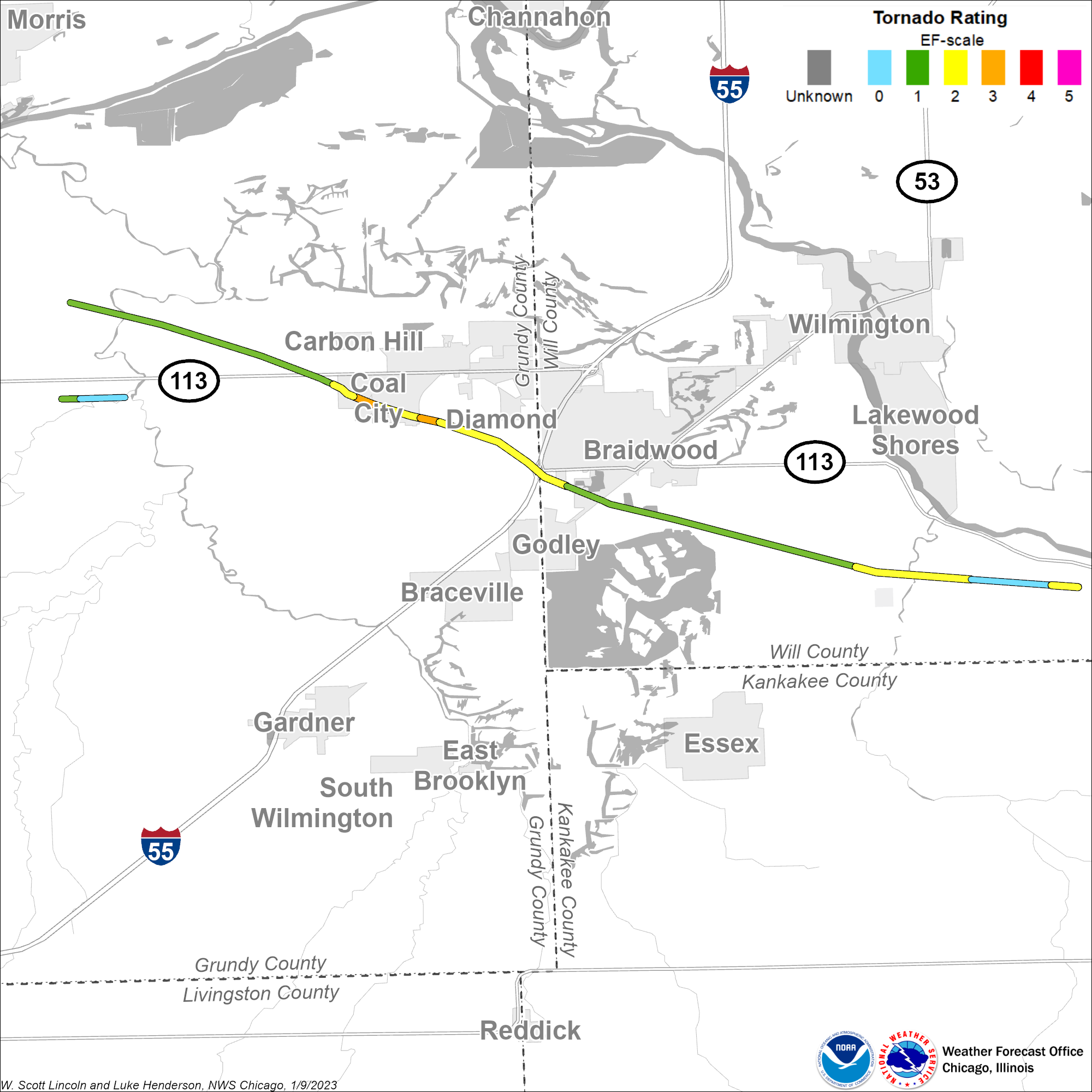 Map showing track of Coal City - Braidwood tornado
