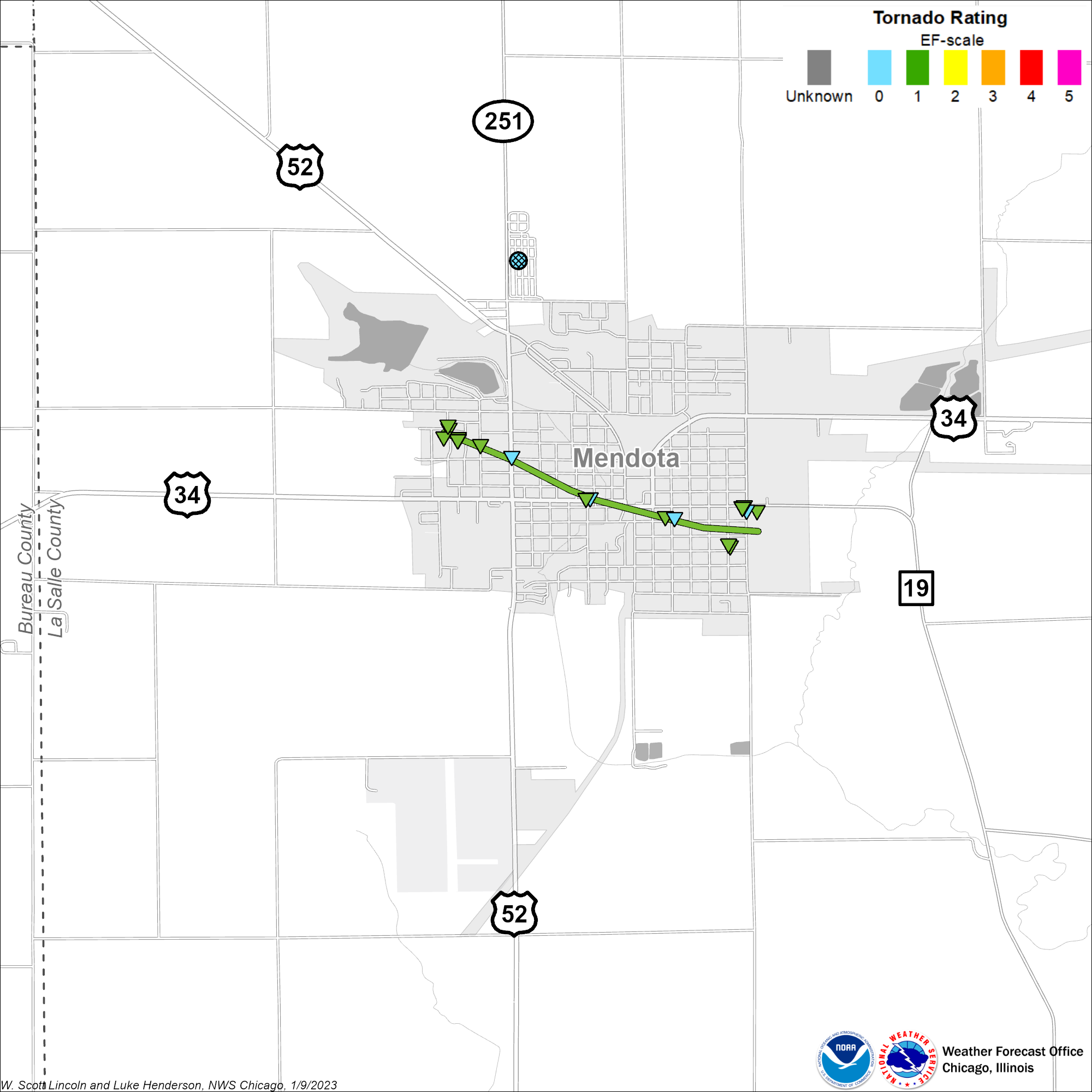 Map showing track of Mendota tornado
