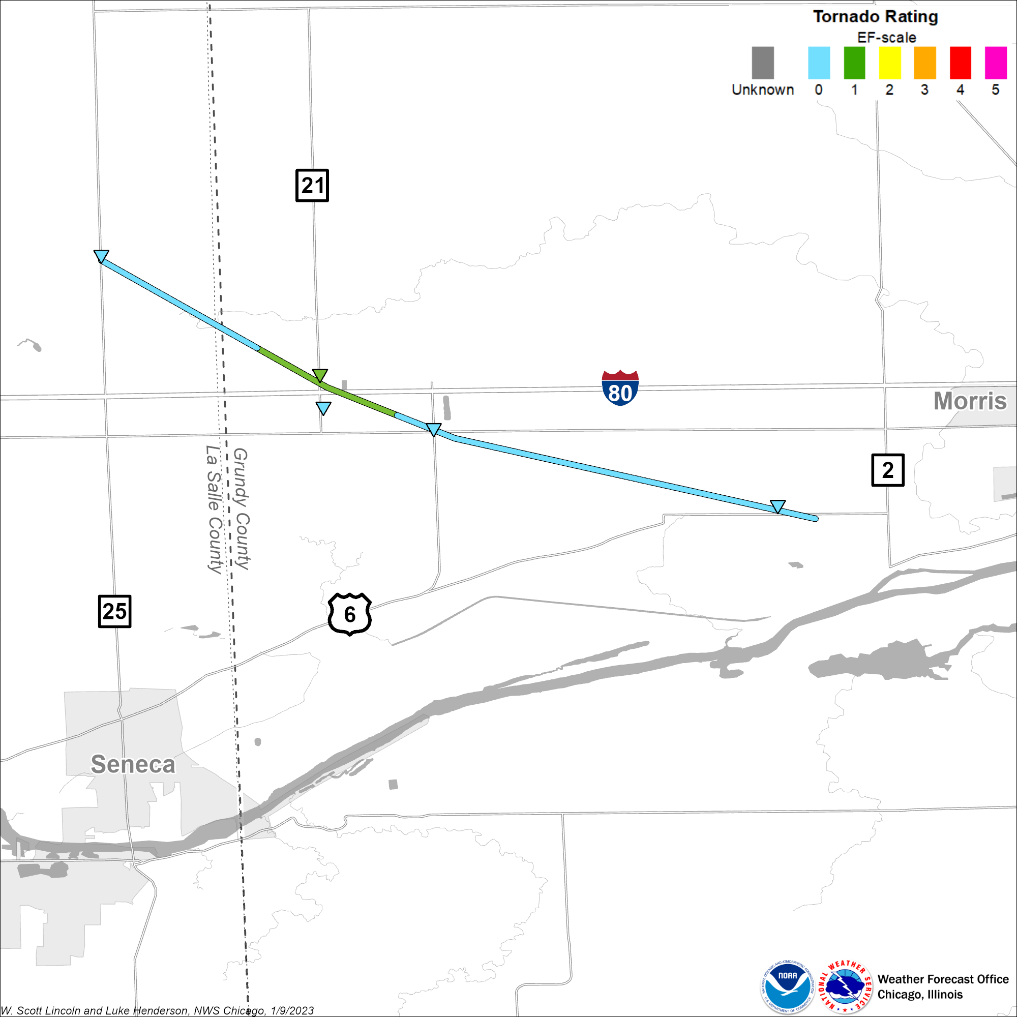 Map showing track of Seneca-Morris tornado