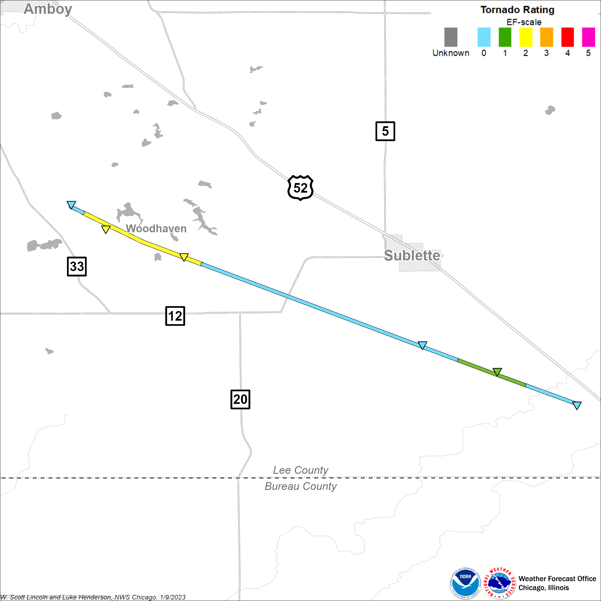 Map showing track of Sublette tornado