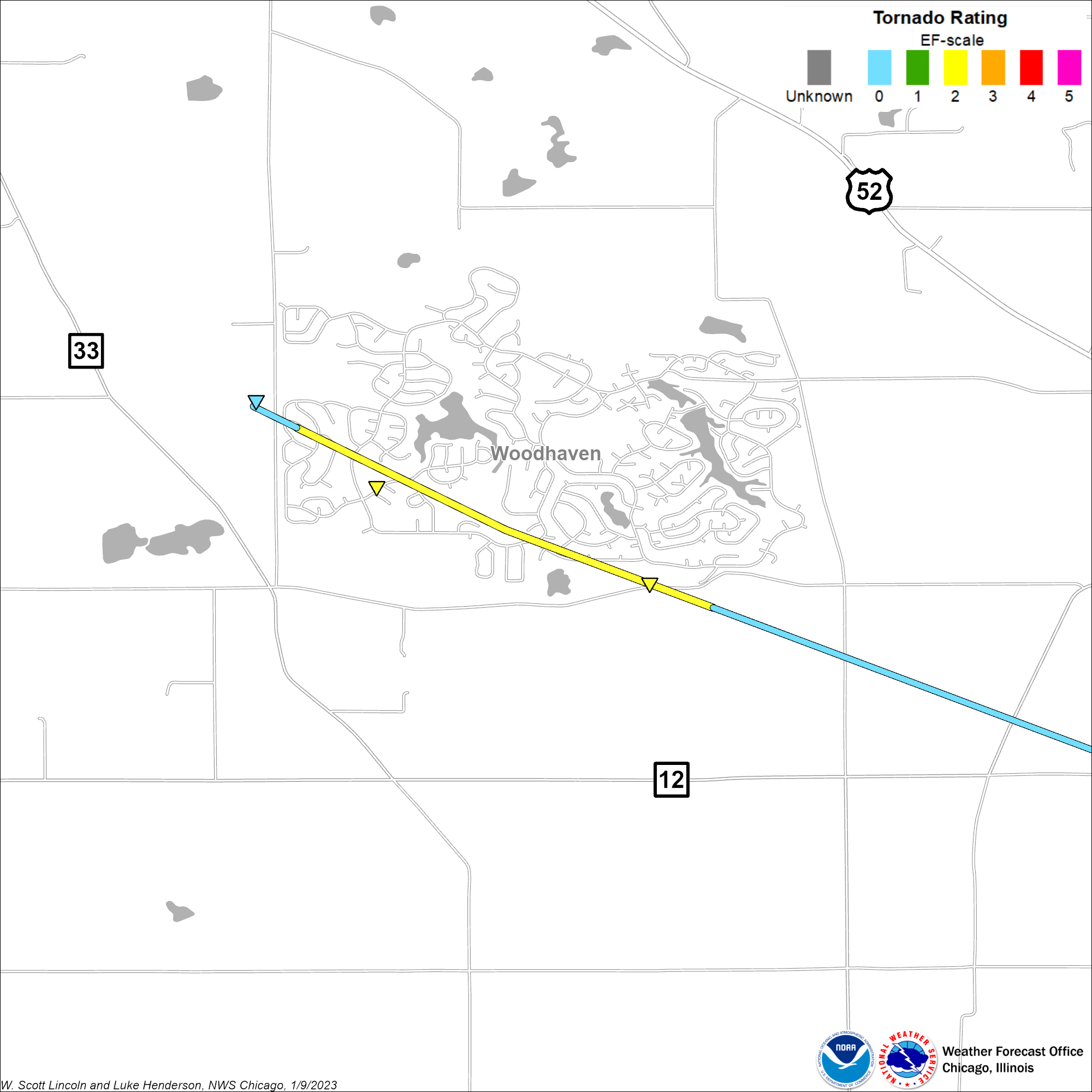 Map showing track of Sublette tornado, zoomed in on area of most intense damage near Woodhaven Lakes