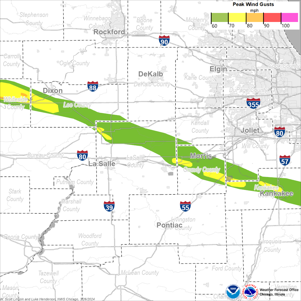Map showing estimated peak straight-line winds in northern Illinois