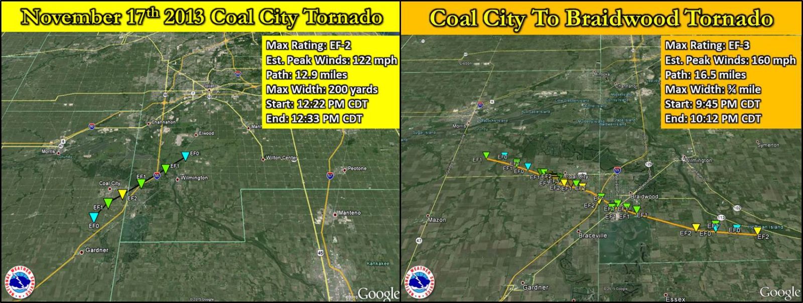 Map showing the Coal City area tornado track of June 22 2015 to the Coal City area tornado track of November 17 2013