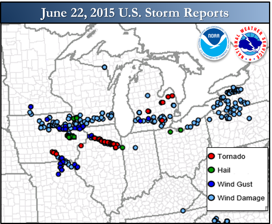 Map showing severe weather reports received on June 22 2015