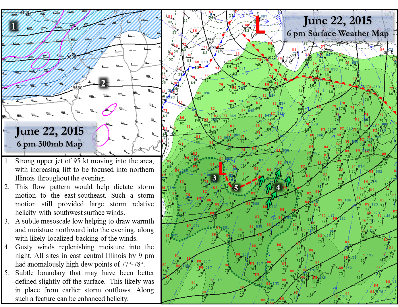 Map showing surface weather conditions and upper atmosphere conditions on June 22 2015 at 6:00 PM