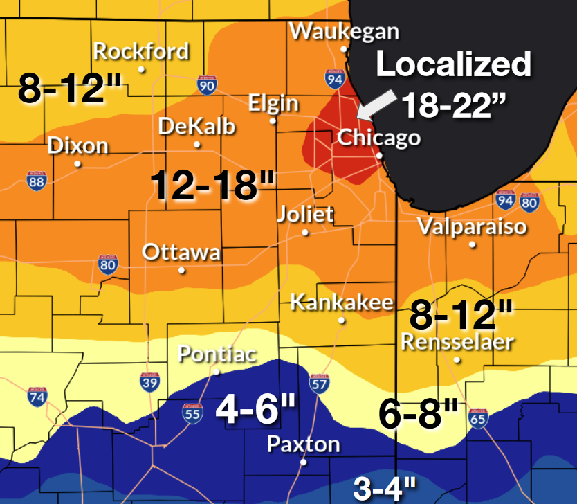 Map of Approximate Snowfall Totals in Northern Illinois and Northwest Indiana