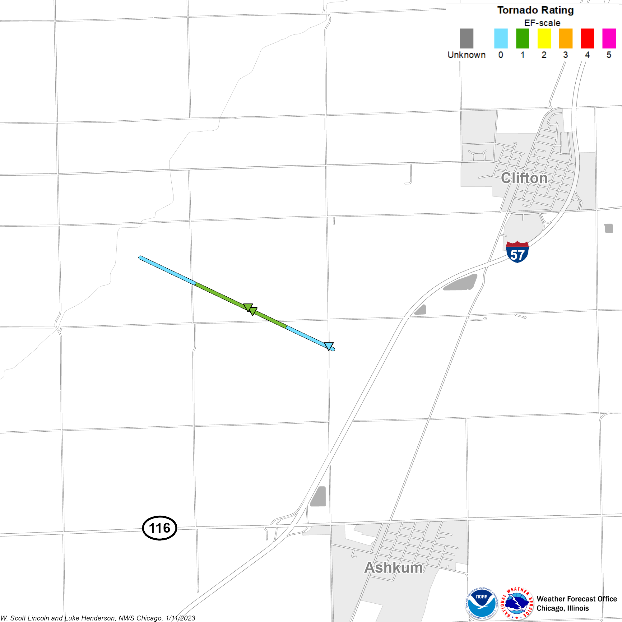 Map showing track of the Clifton tornado