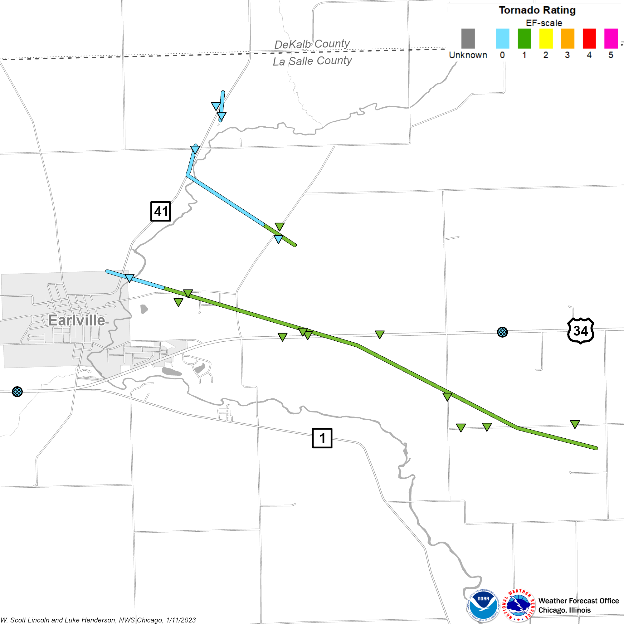 Map showing track of Earlville tornado