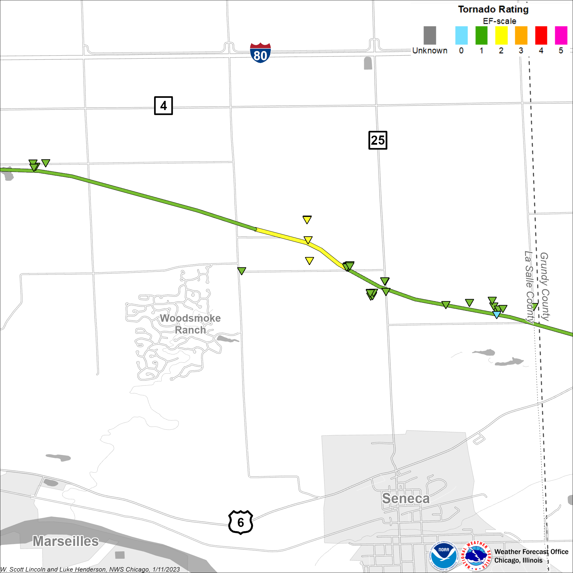 Map showing track of the Marseilles-Seneca tornado, zoomed in to the area of most intense damage