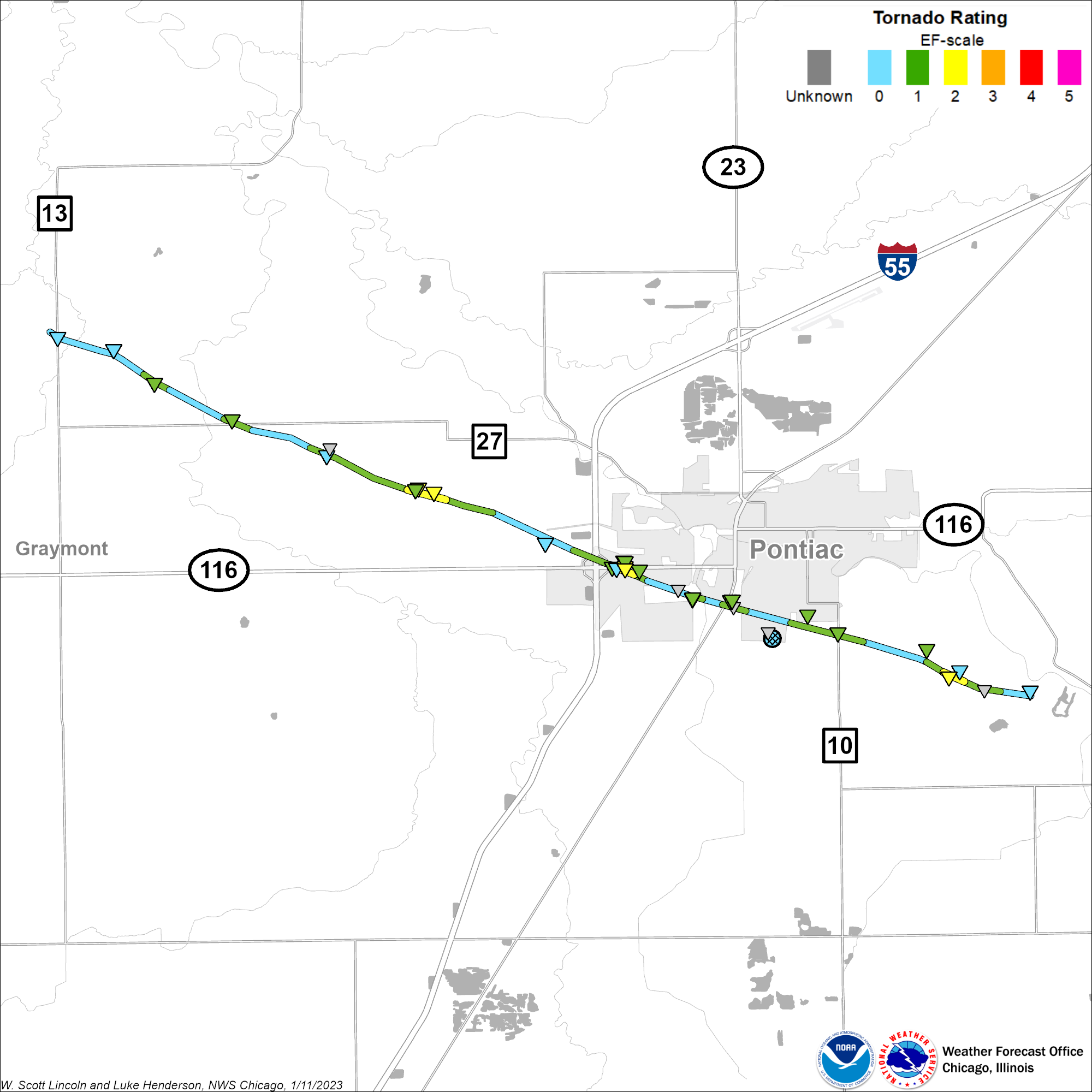 Map showing track of the Pontiac tornado