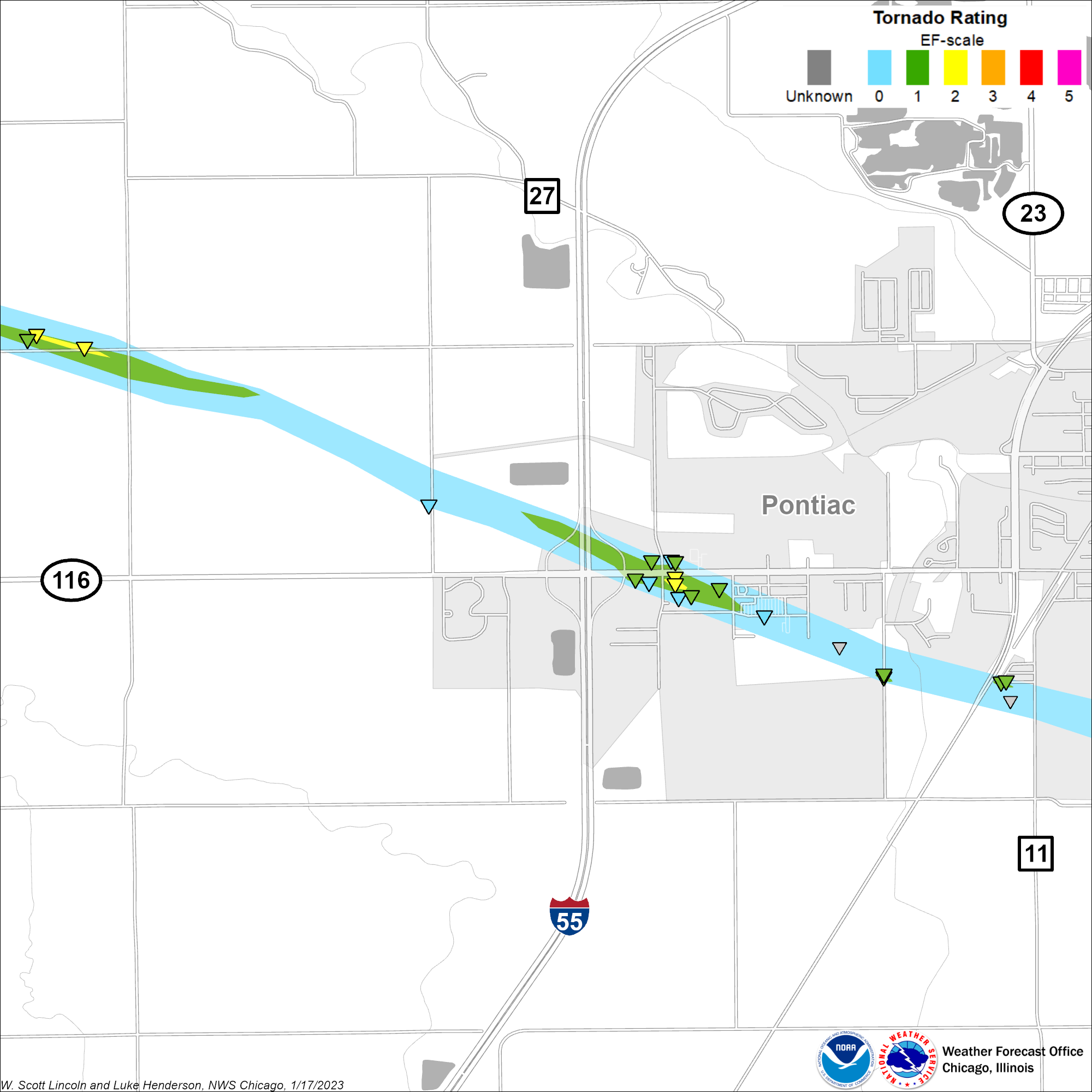 Map showing track of the Pontiac tornado, zoomed in on an area of higher-end damage on the west side of Pontiac