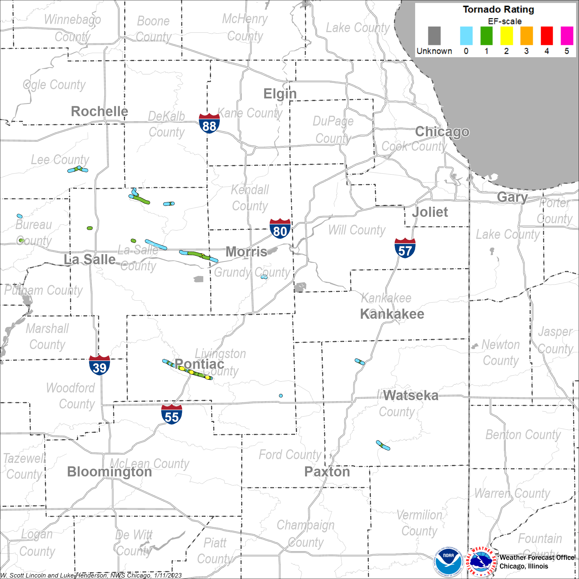 Map showing tornado tracks in northern Illinois