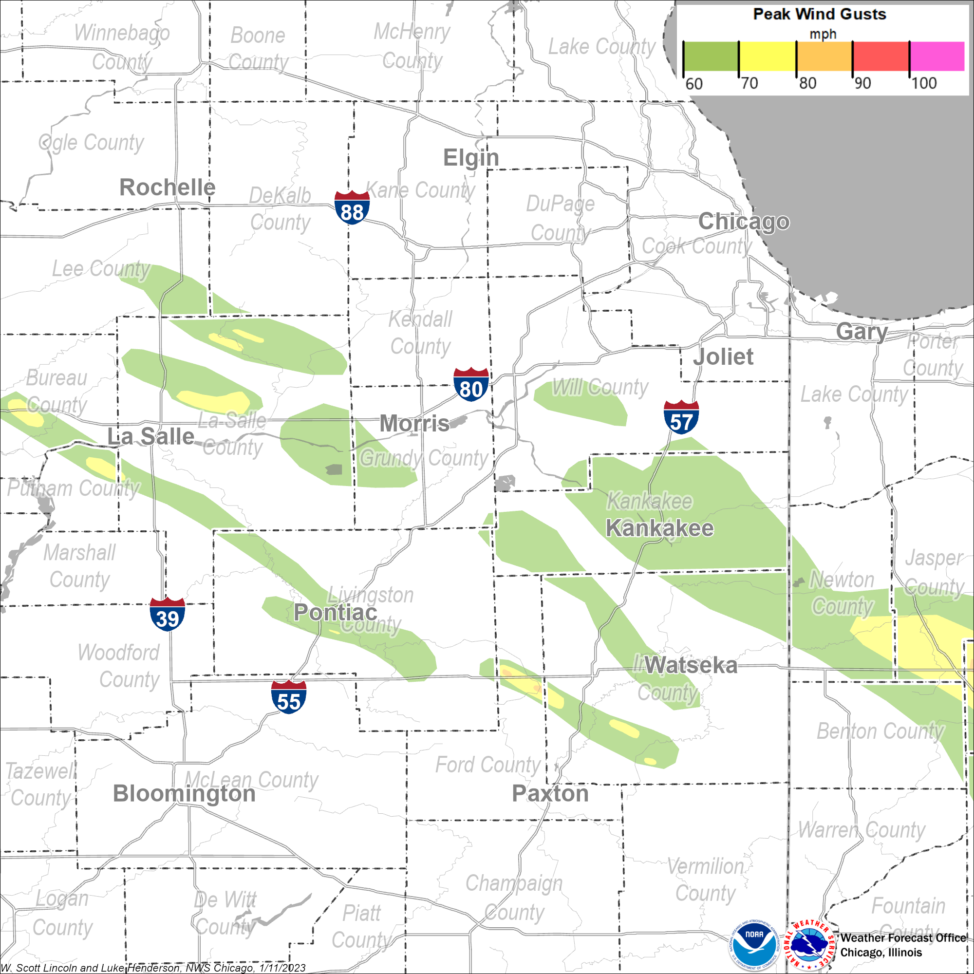 Map showing areas of straight-line winds in northern Illinois