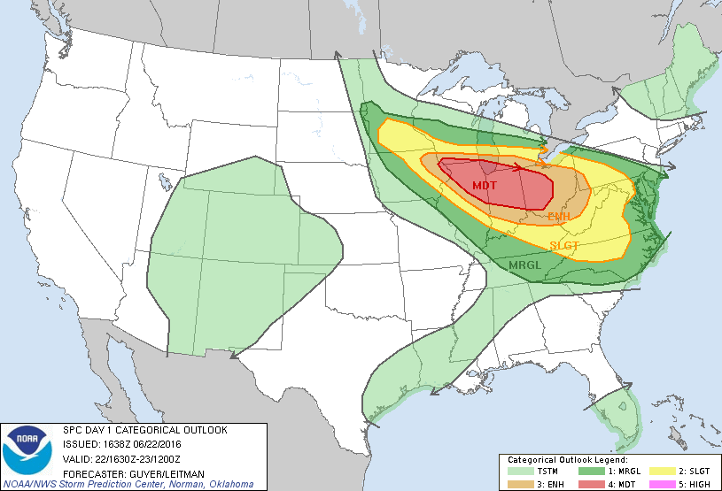 Image showing the severe weather outlook for June 22, 2016, the day of the event