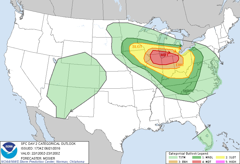 Image showing the severe weather outlook for June 22, 2016, 2 days in advance.
