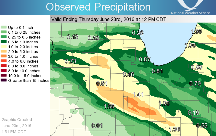 Map showing 24-hour Rainfall ending at 7 am June 23rd