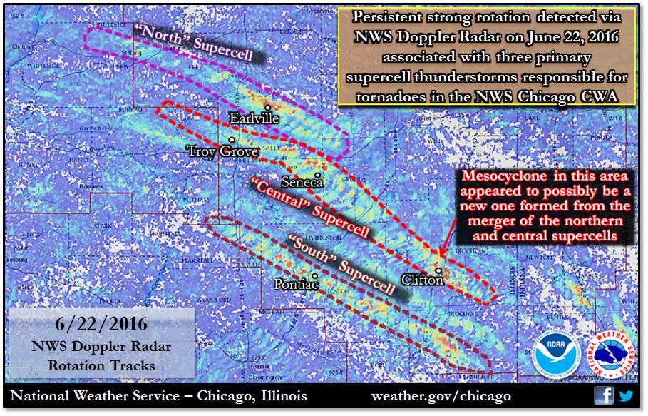 Map showing areas of radar-indicated rotation on June 22 2016